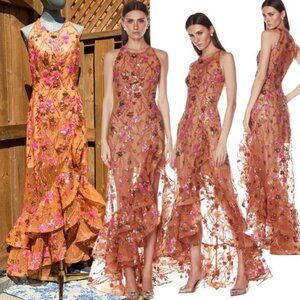 🆕 BRONX & BANCO🧿 NWOT Sicilia Coral Sequin Fluted Hem Maxi Dress, Sz M US 6